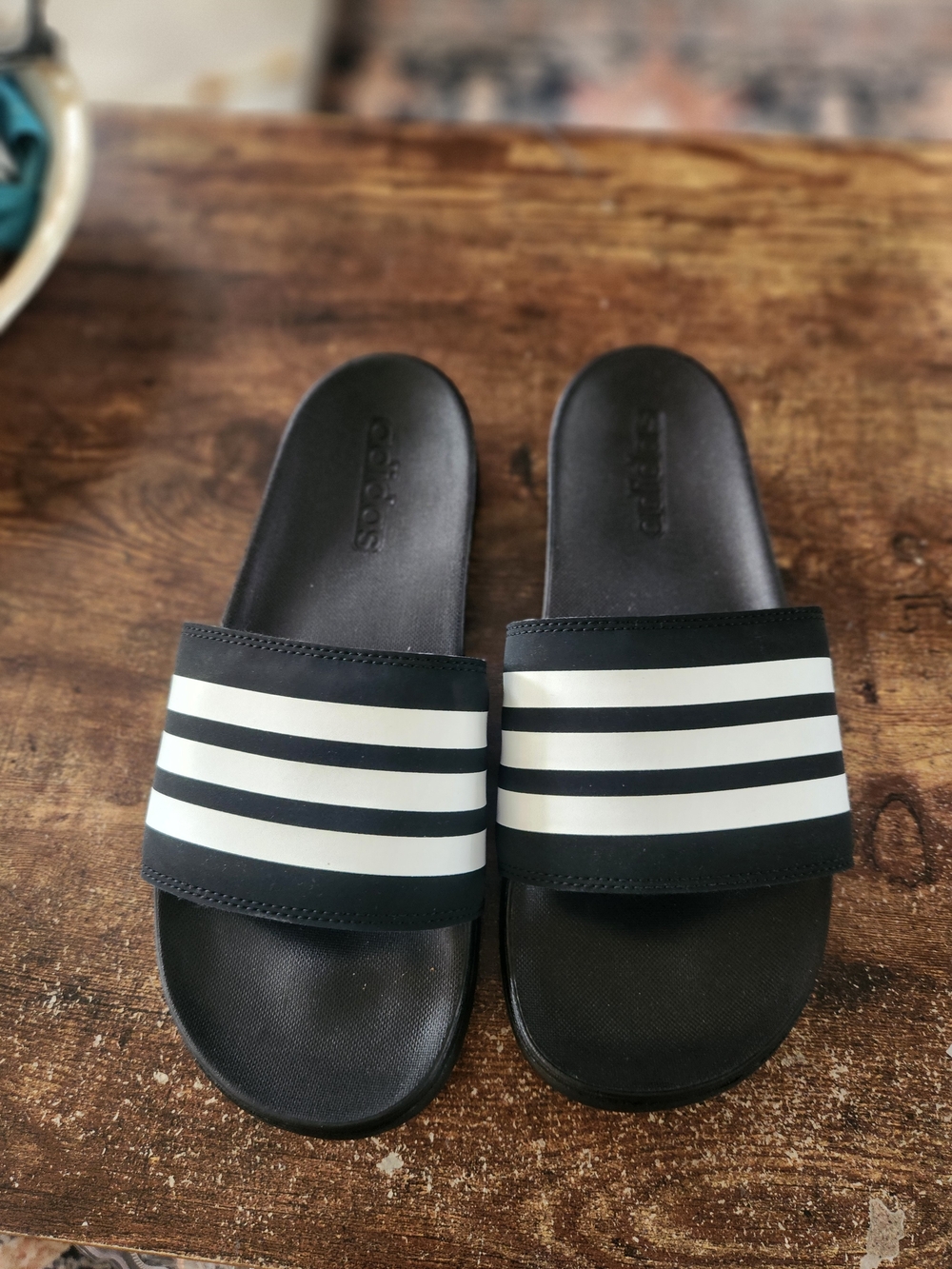 adidas Black Slide Sandals with White Stripes - Women's 9 Or Men's 8